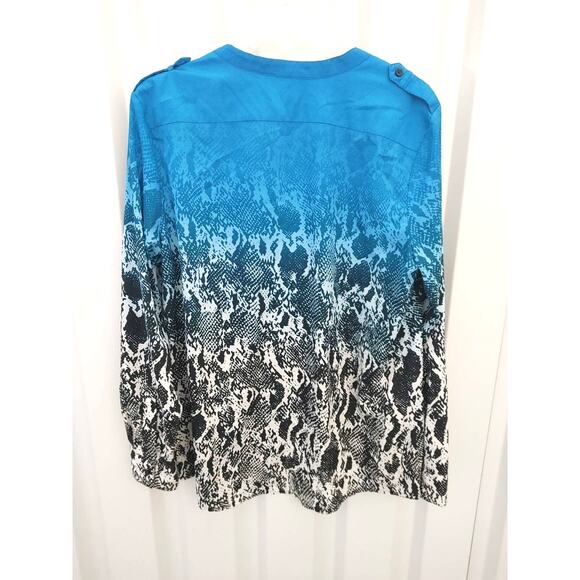 Calvin Klein Button Down Blouse Top Vneck Snake Print Large Blue Black - Picture 4 of 5
